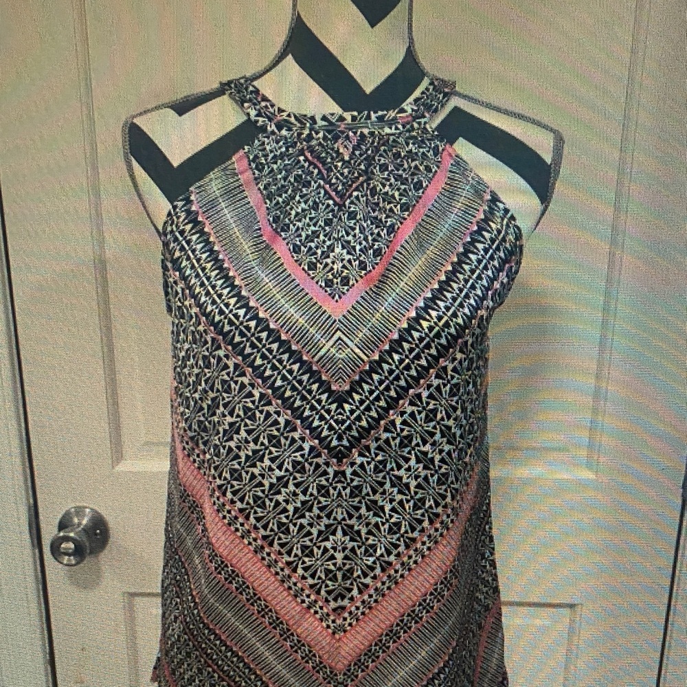 Women’s Black and Pink Patterned Halter Top